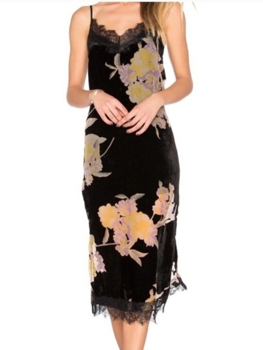 Band of Gypsies Velvet Burnout Slip Dress Floral Lace Side Slits Y2K, Large